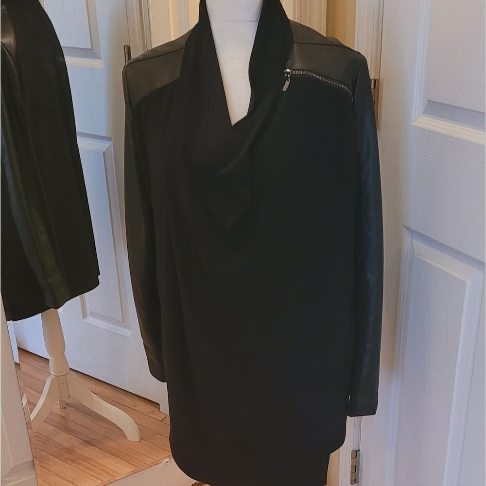 JOSEPH RIBCOFF BLACK CROSSOVER TUNIC WITH FAUX LEATHER TRIM